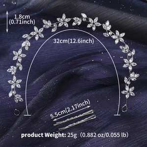 Detail view of crystal bridal headband showing 32cm length and silver rhinestone floral pattern