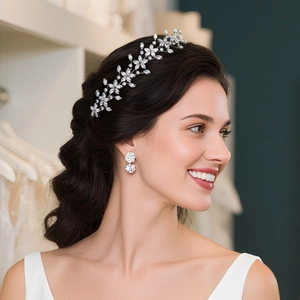 Vigna per Capelli Sposa Fiore Elegante Lega Placcata Argento Zirconia Foglia Cerchietto per Donna Matrimonio Gioielli