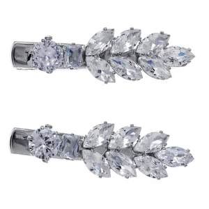 Barrettes à cheveux étincelantes en cuivre avec motif de feuilles en zircone argenté