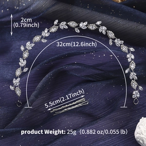 Detail view of 32cm silver vine headband with sparkling marquise crystal leaves