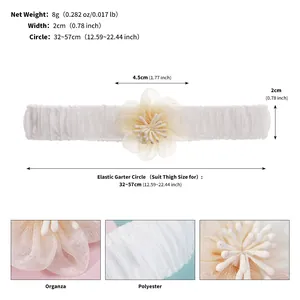 Size chart showing width, weight, and stretch dimensions for floral bridal garter belt