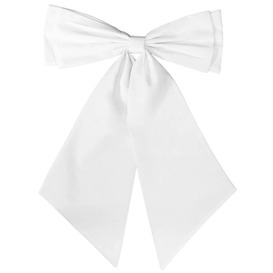 Large white satin wedding dress bow with elegant long trailing ribbons and polished finish