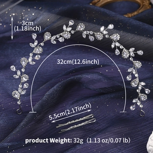 Detailed view of silver bridal zirconia headband and hairpins with dimensions and weight