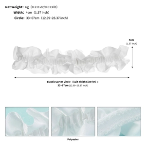 Detailed close-up showing white elastic lace garter with dimensions and texture quality