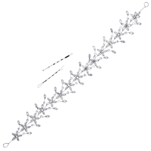 Lussuosa fascia da sposa con fiori in rame e cristalli di zircone, finitura argento