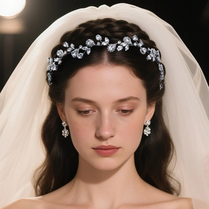 Dettaglio parure sposa con cerchietto a fiori e orecchini a goccia in cristallo