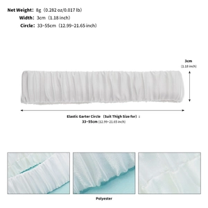 Detailed specs of white elastic garter showing polyester texture and 33-55cm fit