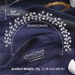 Detailed view of silver bridal headband with sparkling marquise zircons and leaf design