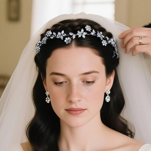 Parure de mariage élégante avec bandeau fleurs en cristal et boucles d'oreilles assorties