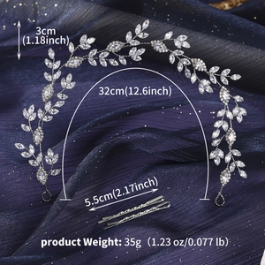 Detail showing dimensions and silver leaf crystal hair vine with rhinestones and hair pins