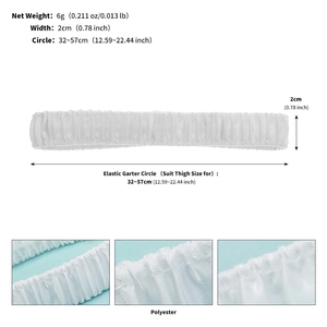 Detailed view of elastic white lace bridal garter showing 2cm width and 32-57cm stretch range