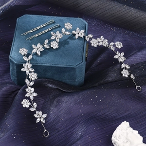 Silver bridal headband set with marquise zircon flowers and matching wavy hair clips