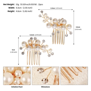 Detail view of pearl and rhinestone hair comb set with precise product dimensions