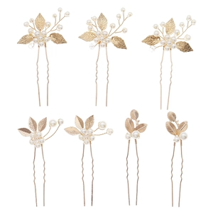 7-piece gold leaf and pearl bridal hair pin set for traditional Hanfu hairstyles