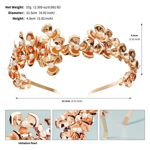 Detailed size specifications of golden metal floral bridal headband with imitation pearls