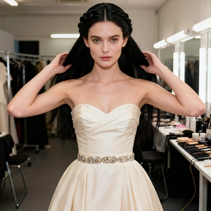 Detail of a white satin wedding dress featuring a handmade crystal and rhinestone belt