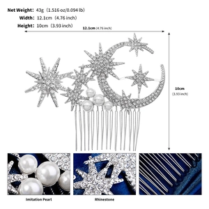 Detailed view of silver hair comb with stars, crescent moon, rhinestones and pearls