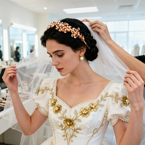 Détail du serre-tête floral doré de luxe avec boucles d'oreilles perles et robe de mariée