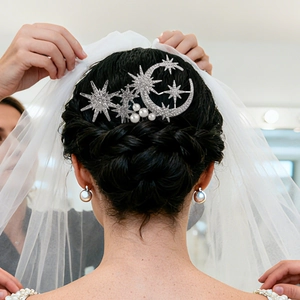 Luxurious bridal hair comb featuring silver crescent moon, stars, rhinestones and pearls