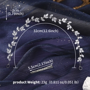 Detailed view of silver bridal headband showing zircon leaves and size dimensions