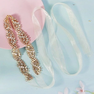 Luxury Handmade Rhinestone Bridal Sash Gold Base Organza Ribbon Wedding Dress Belt For Women Elegant Party Accessory