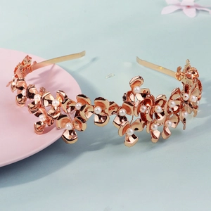 Serre-tête de mariée de luxe en or rose avec perles blanches et motif floral tissé