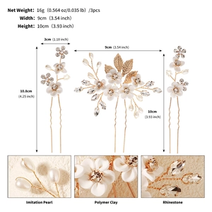 Detailed view of polymer clay flowers and pearl hair pins set with product dimensions