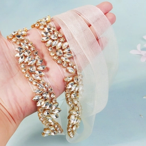 Luxurious bridal sash with sparkling marquise rhinestones on white ribbon for wedding gowns