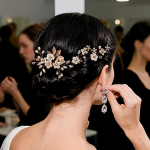Parure d'épingles à cheveux de mariée avec fleurs blanches, perles et strass dorés