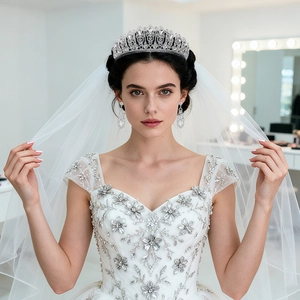 Front view of elegant bridal tiara and earrings set with crystal flower embroidery details