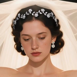 Dettaglio della fascia in cristallo argento e orecchini pendenti per la sposa