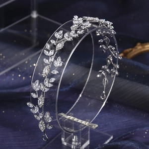 Elegant silver leaf bridal headband with sparkling zircon stones for wedding hairstyle