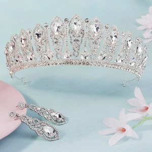 Elegant silver tiara and teardrop earring set with sparkling rhinestones for bridal weddings