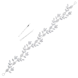 Silver bridal hair vine with marquise zircon crystals and matching hair clips for wedding