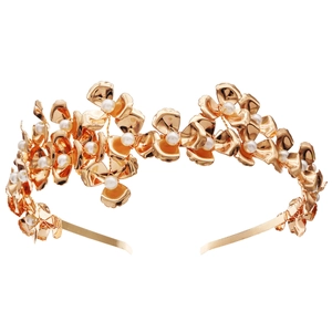 Serre-tête de mariée doré luxueux avec fleurs en métal tressées et perles blanches
