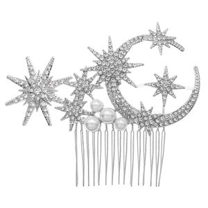 Luxury star and moon hair comb with sparkling rhinestones and white pearls on silver base