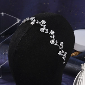 Detail of silver vine headband with sparkling zircons on a black velvet mannequin