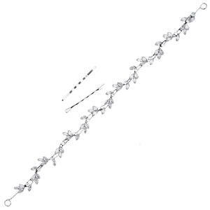 Vigne de cheveux de mariage argentée avec strass marquise et pinces à cheveux assorties