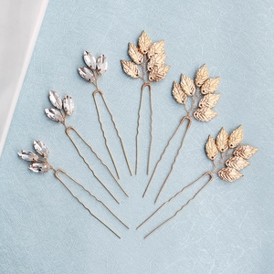 Horquillas de Aleación de Oro con Forma de Hoja y Diamantes de Imitación Elegante Juego de Clips en U para Boda Fiesta Mujer