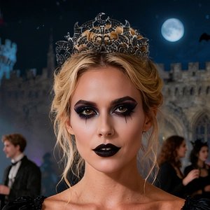 Close-up of black gothic bat crown with moon design and sparkling rhinestones