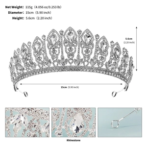Detailed view of silver rhinestone tiara with precise dimensions and weight measurements