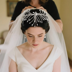 Fascia nuziale di lusso con frange di strass e un lungo velo bianco per acconciature sposa