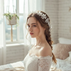 Détail d'un bandeau de mariée avec fleurs en organza blanc et perles sur robe en dentelle