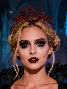 Gothic bat crown with red rhinestones worn by a model in a dark mystical castle setting