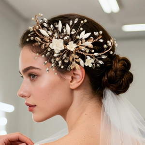 Handmade floral crystal bridal headpiece with pearls and gold leaves for wedding hair
