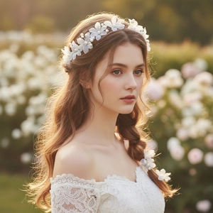 Détail d'un bandeau de mariée avec fleurs en gaze faites main et perles blanches