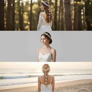 Détail de la coiffe de mariée à fleurs blanches avec perles et longues lianes