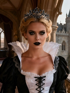 Gothic bat crown with black rhinestones worn by a model in a castle setting
