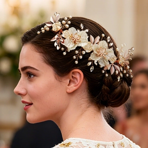 Vintage bridal flower hairpiece with pearls and rhinestones on a stylish bun hairstyle