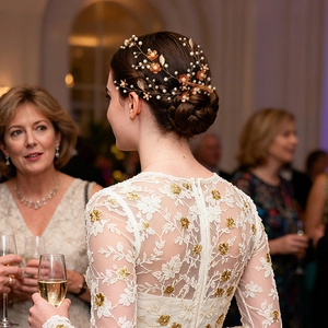 Détail d'un accessoire de mariage avec feuilles dorées et perles sur chignon élégant
